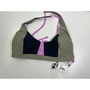Prana Tulum Top Black Green Pink Color Block Halter Bikini Swim Top Womens L NWT